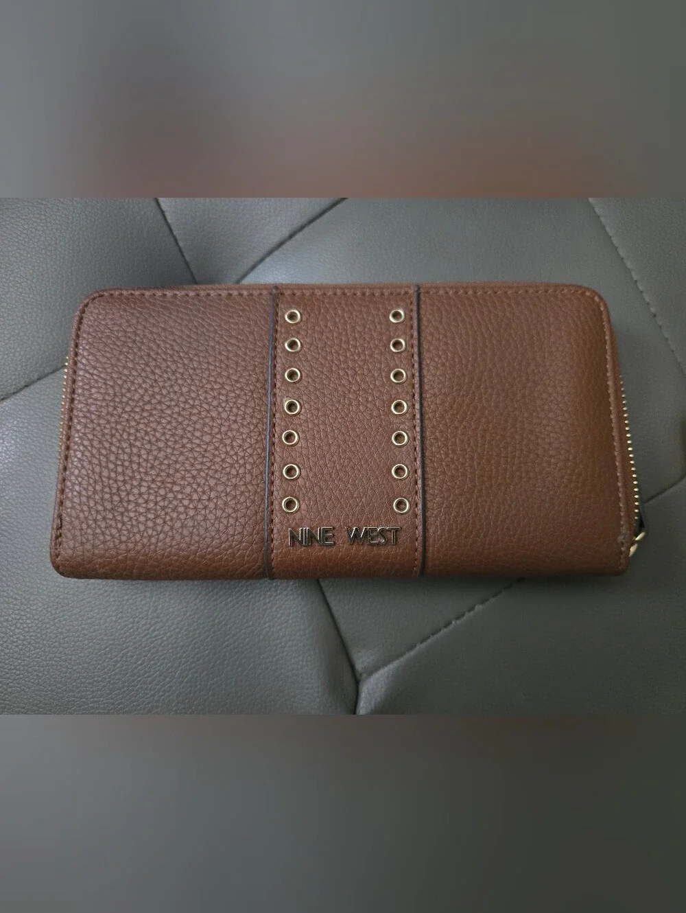 Nine West Brown Pebbled Zip-Around Wallet with Eyelet Detail